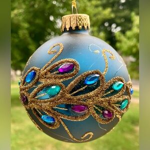 3 Holiday Lane Luxurious Jewel-Embellished Blue Gold Sparkle Peacock Ornament